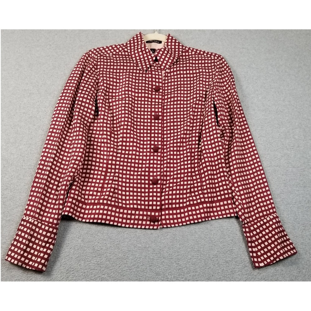 Anne Klein Blouse Women 4 Burgundy Pink Grid Silk Button Up Long Sleeve Chic Top